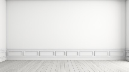 Poster - Empty White Wall Background with Wooden Floor and Simple Baseboard Suitable for 3D Renders and Graphic Design Projects