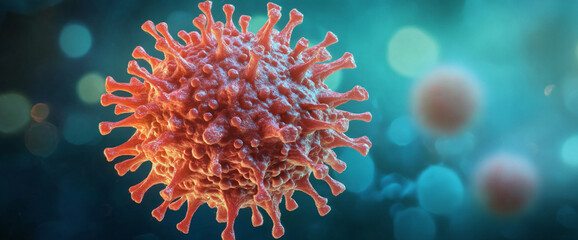 Poster - Close-up of a virus cell, showcasing the detailed structure of the viral particles. This microscopic view symbolizes the spread of infectious diseases and biological research.
