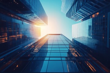 Poster - Reflections and sunlight illuminate modern skyscrapers in an urban setting at dawn