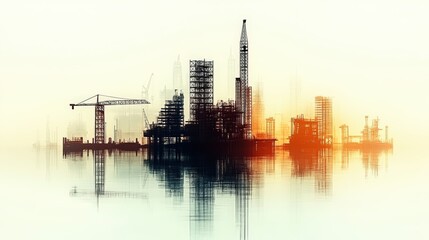 Wall Mural - Industrial skyline during sunset with cranes and construction reflecting in water