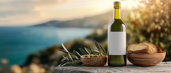 Wall Mural -  Olive Oil Bottle with White Label on a Coastal Mediterranean Terrace with Bowl of Bread, Olive oil and Salt Grains. Copy space. Generative AI