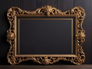 Wall Mural - An empty, ornate gold frame on a dark wood background, styled for historical and official presentations. For Presidents' Day.
