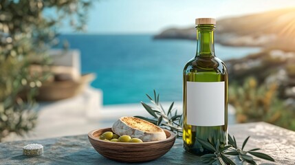 Wall Mural -  Olive Oil Bottle with White Label on a Coastal Mediterranean Terrace with Bowl of Bread, Olive oil and Salt Grains. Copy space. Generative AI