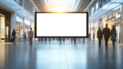 Poster - Blank Digital Billboard Inside an Empty Mall with Bright Light and People Walking in the Background