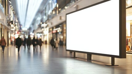 Poster - Blank Digital Billboard Stands in the Middle of a Shopping Mall Surrounded by Shoppers in a Modern Urban Environment