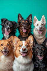 Wall Mural - An amusing group portrait of dogs in varied sizes and colors, each tilting its head in a unique direction, set before a bold azure background,