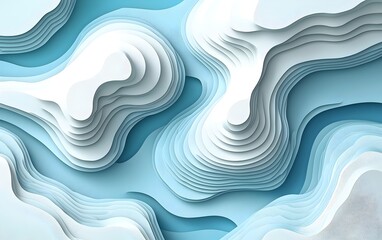 Poster - An abstract composition featuring layered, undulating shapes in various shades of blue and white, creating a serene and fluid visual effect reminiscent of ocean waves.