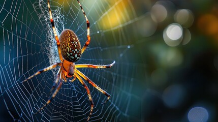 Intricate spider weaving glistening web.