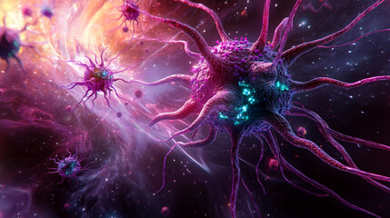 Poster - A vibrant and colorful close-up view of nerve cells or neurons in a galaxy-like environment, symbolizing the complexity and mystery of the human brain and neural networks.