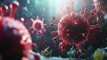 Poster - Close-up view of a virus cell with intricate details, glowing with vibrant colors, symbolizing disease spread, viral infection, and medical research on viruses and pathogens.