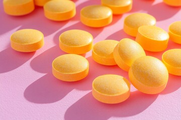 Poster - Yellow round tablets scattered on a bright pink surface with soft shadows creating visual interest and depth