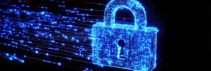 Poster - digital blue padlock with glowing lines representing security and data protection in a modern cyber 