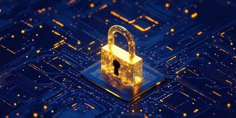 Poster - glowing digital padlock on circuit board, symbolizing cybersecurity and data protection in modern te
