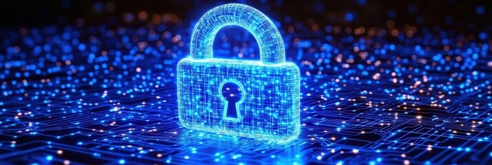 Poster - digital blue padlock with glowing lines representing cybersecurity in a virtual network environment