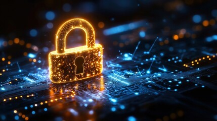 Fototapete - glowing digital padlock symbolizing cybersecurity on top of an electronic circuit board with lights 