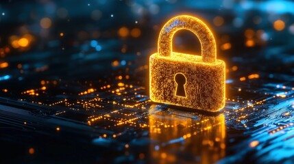 Poster - glowing digital padlock on electronic circuit board with vibrant lights and detailed textures for se