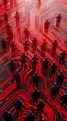 Poster - Dark Figures Walking on a Glowing Red Circuit Board Futuristic Digital Art