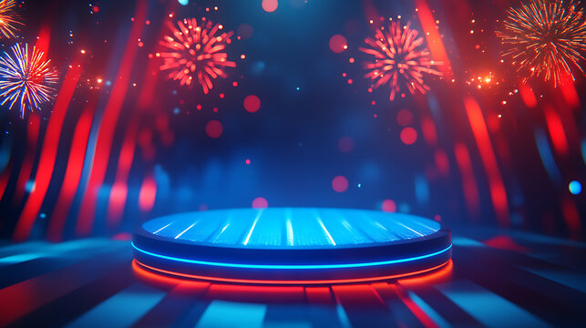 American National Day Podium Festive Red And Blue Stage With Fireworks