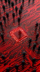 Poster - Glowing Red Circuit Board With Miniature Figures