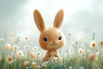 Poster - Cute fluffy rabbit sitting among wildflowers in a serene meadow during daytime