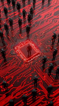 Glowing Red Circuit Board With Miniature Figures