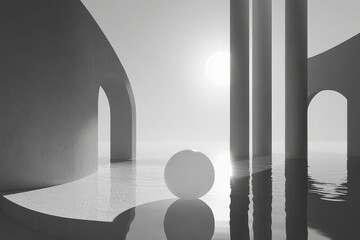 Poster - Abstract Monochrome Landscape with Sphere and Vertical Structures