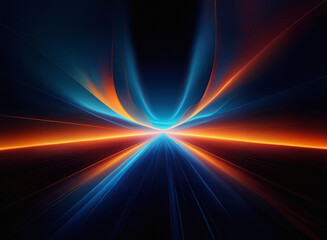 Poster - Abstract digital art depicting a vibrant, symmetrical light show.  Glowing energy streams converge at a vanishing point, creating a sense of depth and movement.  The color palette consists of rich blu