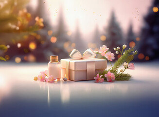 Poster - A beautifully wrapped gift sits beside a perfume bottle, adorned with delicate pink blossoms and evergreen sprigs.  Soft, wintery light creates a magical ambiance.