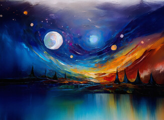 Poster - A surreal landscape painting depicting a night scene with two moons, stars, and vibrant colors reflecting on a calm lake.  The style is impressionistic, evoking dreams and fantasy.