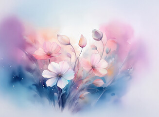 Wall Mural - soft, pastel watercolor painting of delicate flowers in bloom. blush pink, white, and blue hues crea