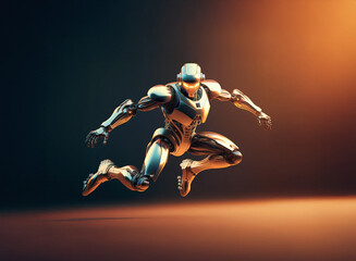 Poster - A metallic humanoid robot leaps forward, dynamic pose against a dark, warm-toned background.  Its sleek design suggests power and agility.