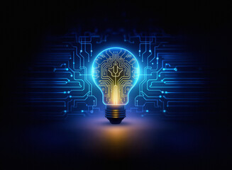 Poster - A glowing lightbulb, its filament replaced by intricate circuitry, sits against a backdrop of digital pathways, symbolizing innovation and technological advancement.
