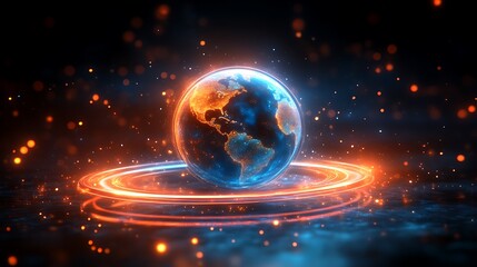 Poster - Glowing Earth Orb Surrounded by Fiery Rings and Sparkling Particles in Space