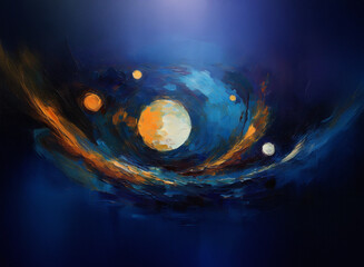 Poster - Abstract swirling nebula painting. Vivid blues, oranges, and whites depict celestial bodies, creating a cosmic, dreamy atmosphere.  The artwork evokes a sense of wonder and mystery.