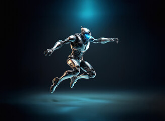 Poster - A sleek, silver robot leaps dynamically, illuminated by a bright cyan light source from above. Its metallic form is detailed, poised mid-jump against a dark background.