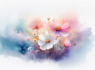 Poster - Soft watercolor painting of pink and white cosmos flowers blooming in a misty, pastel colored garden.  The delicate petals and soft hues create a serene and romantic atmosphere.