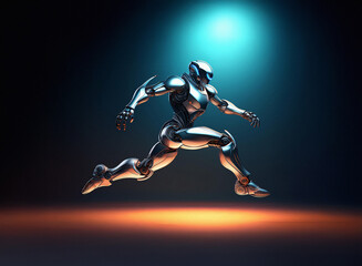 Poster - A chrome robot, sleek and powerful, leaps forward in a dynamic pose, illuminated by a dramatic blue and orange light.  Its metallic body glistens, showcasing intricate details.