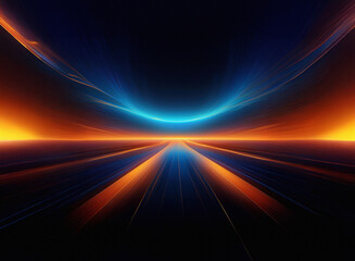 Poster - Abstract digital art depicting a futuristic highway converging towards a glowing horizon.  Vibrant orange and blue hues create a dynamic, energetic scene.