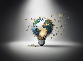 Poster - A glowing Earth inside a lightbulb, with currency symbols erupting, symbolizes global finance and innovative ideas.  The scene is dramatically lit, highlighting the concept of financial ingenuity.