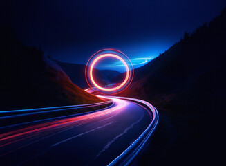 Aufkleber - A winding road at night, illuminated by vibrant light trails, leads towards a glowing red circular portal set against a dark, mountainous landscape under a twilight sky.