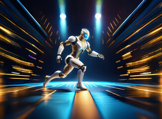 Poster - A futuristic robot, sleek and white with gold accents, strides forward in a vibrant, technologically advanced corridor illuminated by bright blue and white lights.  The robot is dynamic and poised.