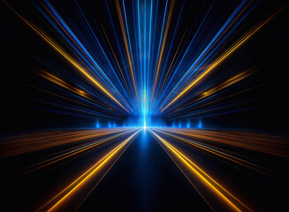 Poster - Abstract image of glowing lines converging at a vanishing point, creating a sense of speed and movement.  The colors are predominantly blue and gold against a dark background.