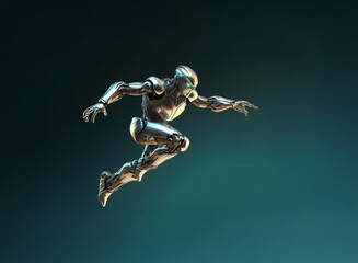 Poster - A sleek, silver robot leaps forward, its metallic joints gleaming.  Dynamic pose against a dark teal backdrop. Futuristic design, agile movement.