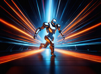 Poster - A chrome robot runs towards the viewer through a futuristic, neon-lit corridor.  Dynamic light streaks emanate from the center, creating a sense of intense speed and energy.