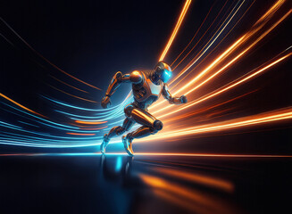 Poster - A futuristic metallic robot, sleek and powerful, sprints through streaks of vibrant blue and orange light, showcasing speed and technological advancement.