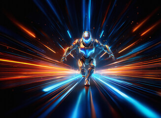 Poster - A futuristic armored figure sprints through a vibrant, light-streaked tunnel.  The scene evokes speed, power, and technological advancement.