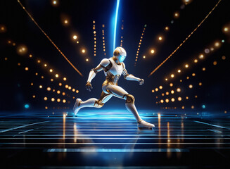 Poster - A futuristic robot, sleek and white with gold accents, runs across a glowing, digital platform.  Bright lights illuminate the scene, creating a dynamic and energetic atmosphere.  The robot appears pow