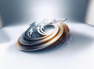 Poster - Abstract 3D rendering of metallic swirling arrows, suggesting growth, progress, and cyclical movement.  The design features a blend of silver and gold tones against a bright background.