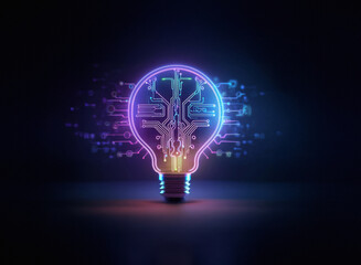 Poster - Glowing lightbulb with a circuit board inside, symbolizing innovative technology and bright ideas.  A futuristic concept of intelligence and digital innovation.
