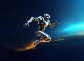 Poster - A sleek, silver robot leaps through the dark sky, propelled by a fiery burst.  Below, city lights twinkle.  The scene is futuristic and dynamic.